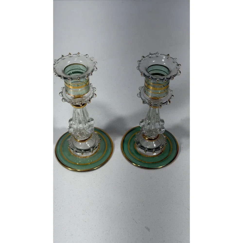 Vintage Venetian Glass Candlesticks Green Gold Trim Murano Style Set of 2 5.75